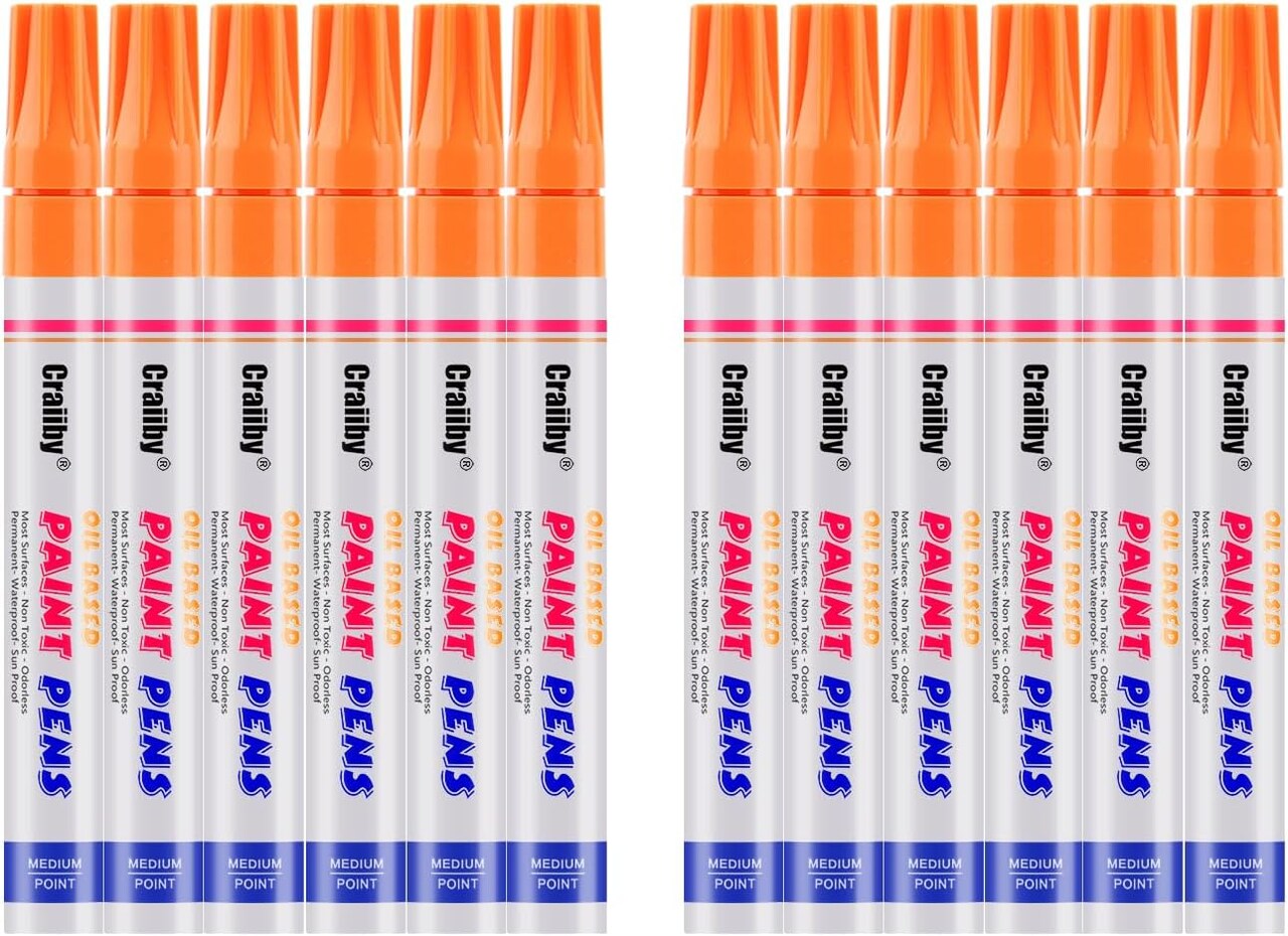 Orange Paint Markers, 12 Pack Oil-Based Waterproof Quick Dry Permanent Paint Pen Set for Rocks Painting, Wood, Fabric, Plastic, Canvas, Glass, Mugs, Metal, Tire, Stone, DIY Craft